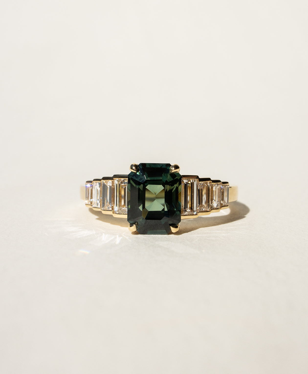Fides Engagement Ring - 18k Yellow Gold, Octagonal Step Cut Teal Sapphire 1.92 carat