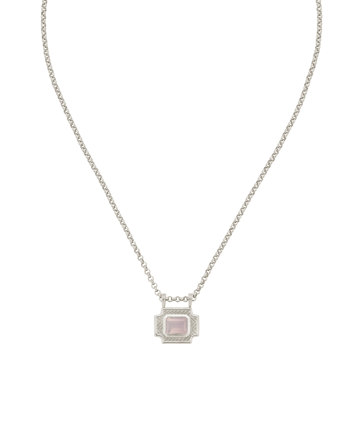 A clearcut of the Ayla charm, a silver textured rectangular pendant with a central lavender stone, paired with a belcher chain.