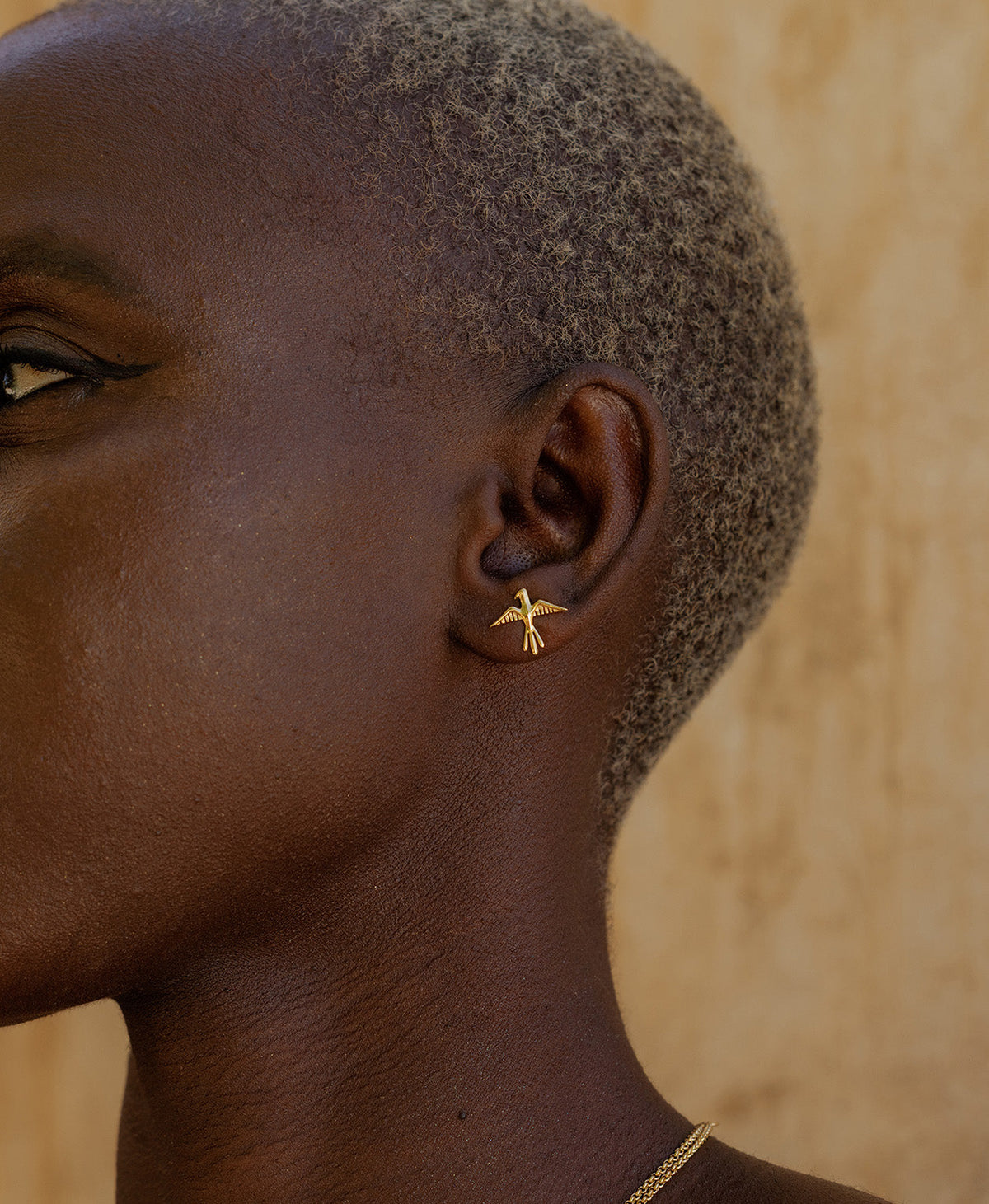 A close-up side profile of a person wearing the Bird of a Feather Studs, featuring a bird stud earrings with detailed feather and wing textures.