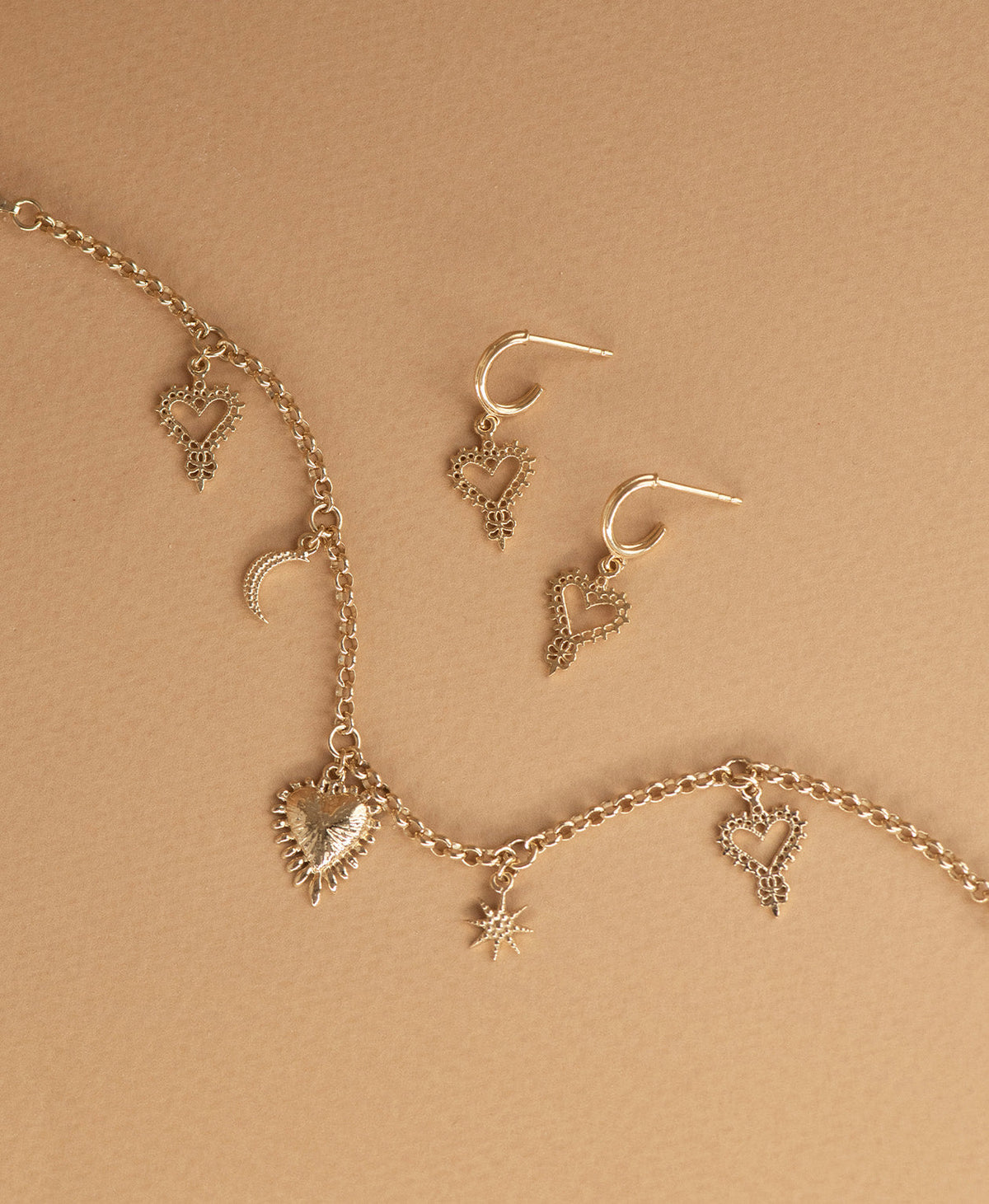 Mini Heart Earrings and Charmed Bracelet Gift Set - 22k Gold Vermeil