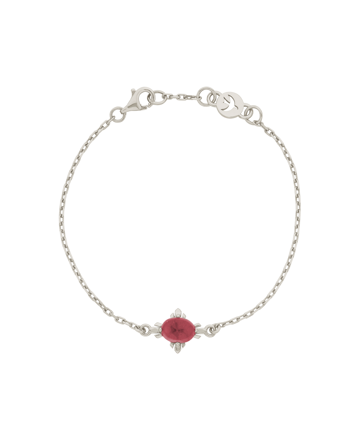 A clearcut of the Farah Bracelet, a silver pendant with a cabochon cut pink tourmaline, set on a fine cable chain.