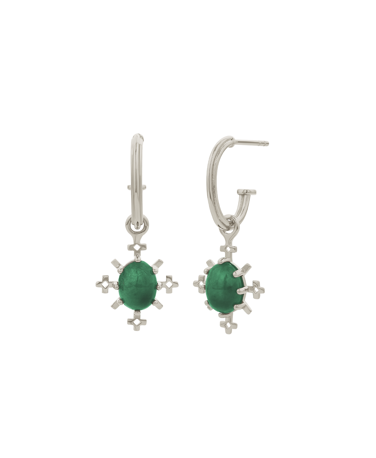 A clearcut of the Farah Hoop, featuring a silver pendant with an emerald in a geometric border hanging on a hoop.