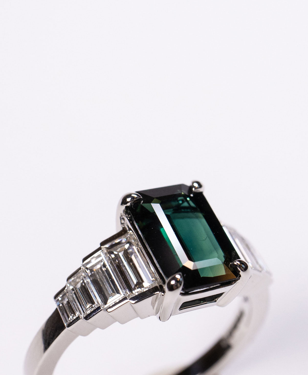 Fides Engagement Ring - Platinum, Octagonal Step Cut Teal Sapphire 2.05 carat