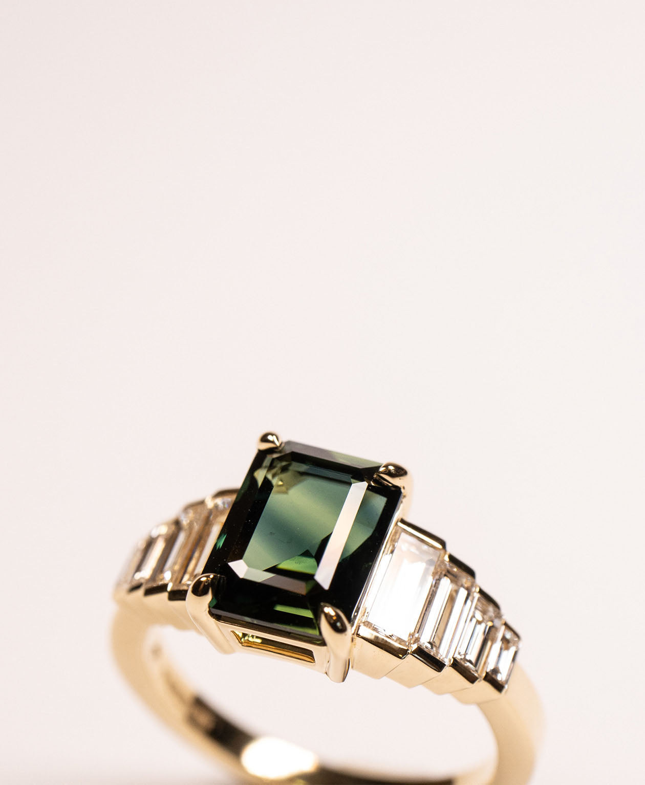 Fides Engagement Ring - 18k Yellow Gold, Octagonal Step Cut Teal Sapphire 2.56 carat