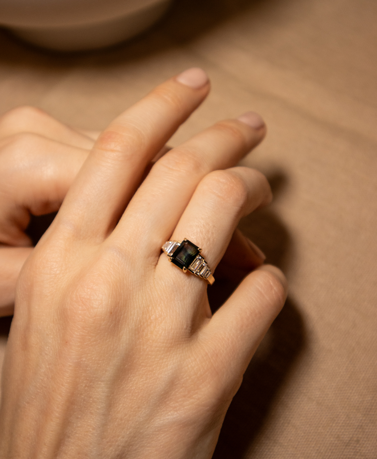 Fides Engagement Ring - 18k Yellow Gold, Octagonal Step Cut Teal Sapphire 2.56 carat