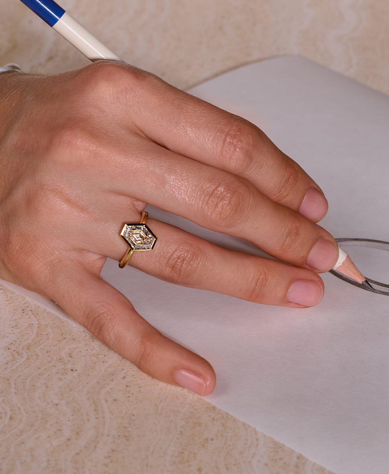 Frida Engagement Ring - 18k Yellow Gold, Elongated Hexagonal Step Cut Lab Grown Diamond 2.42 carat