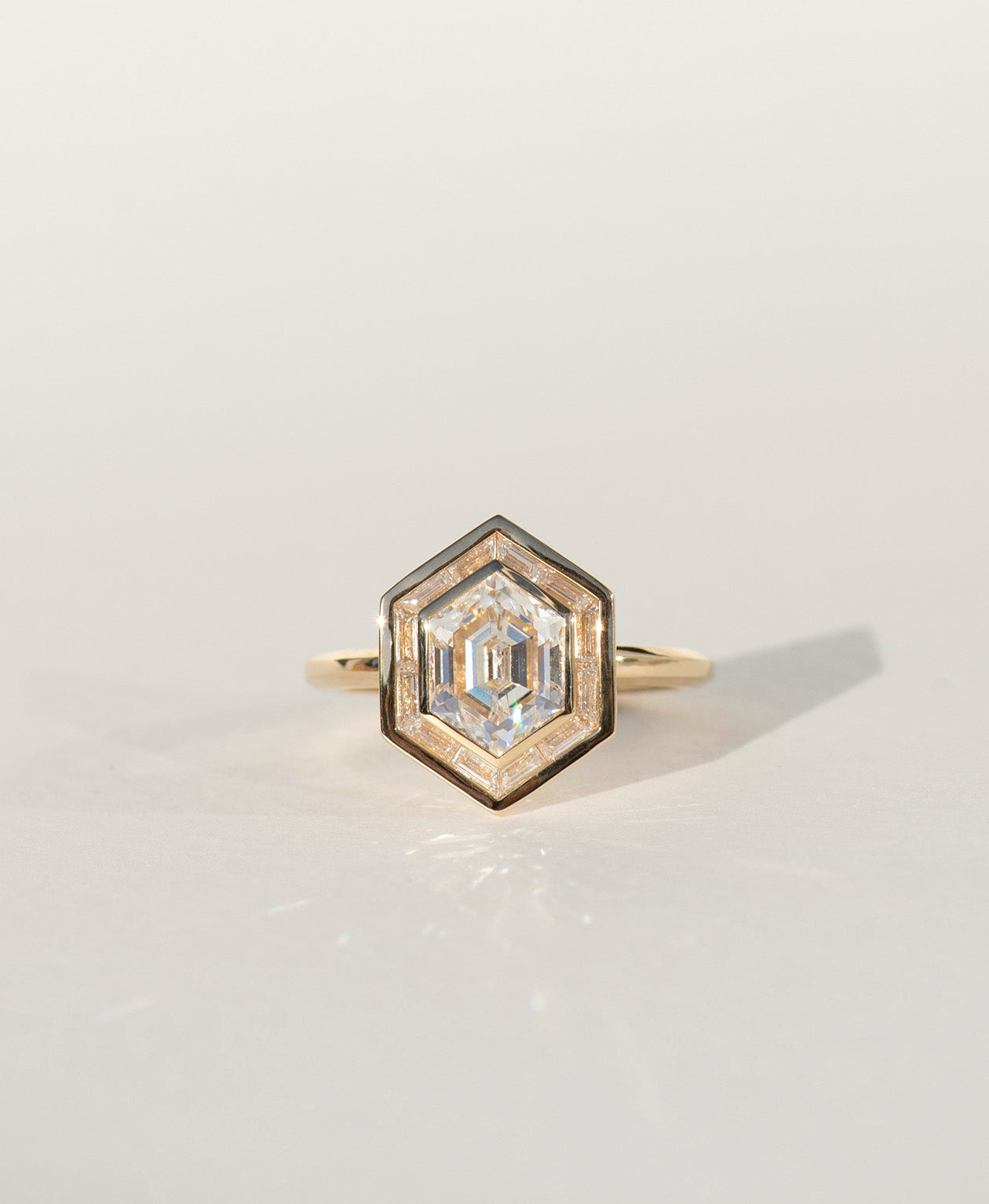 Frida Halo Engagement Ring - 18k Yellow Gold, Elongated Hexagonal Step Cut Lab Grown Diamond 1.85 carat