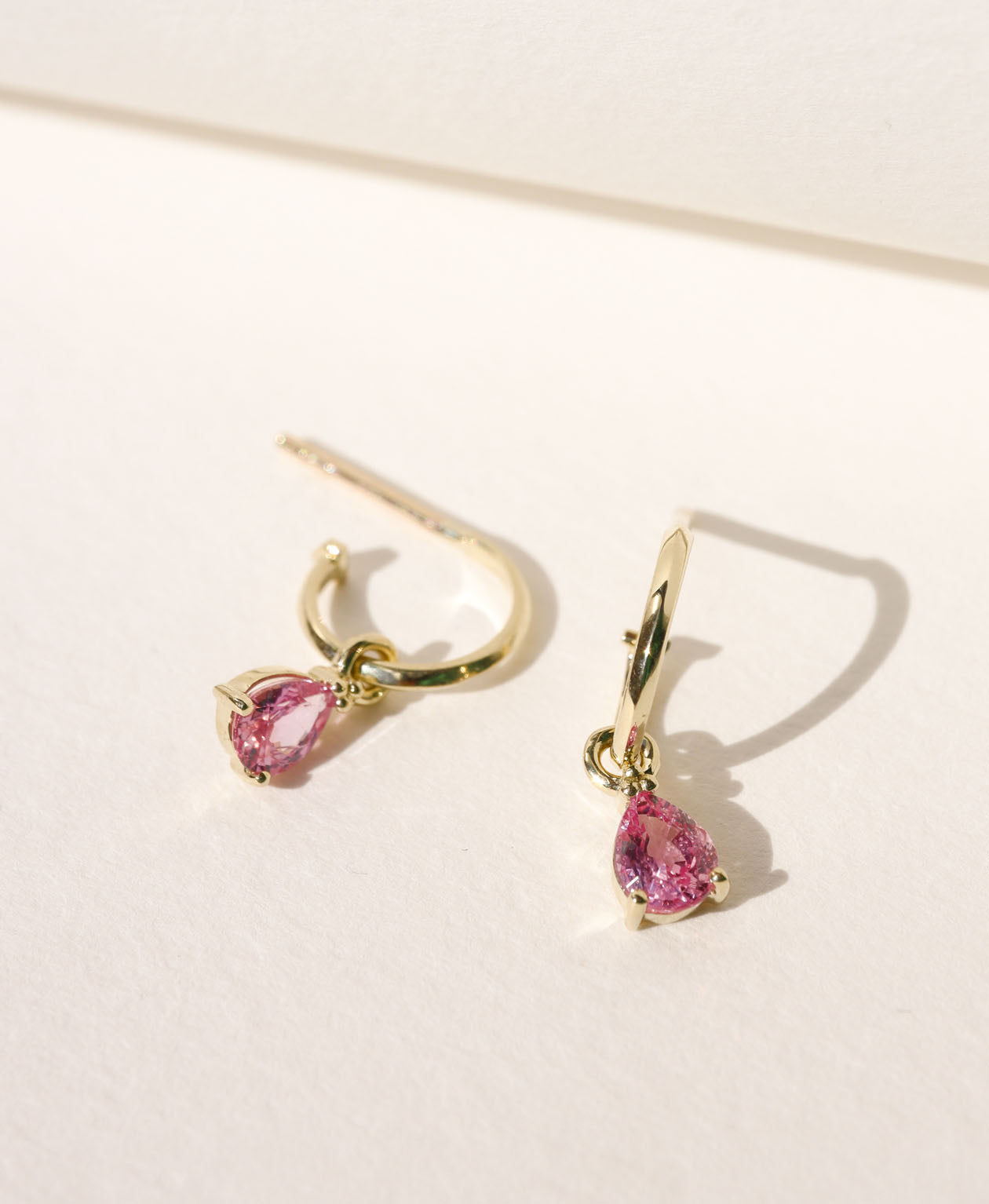 Dew Drop Hoops - 9k Yellow Gold, Pink Sapphire