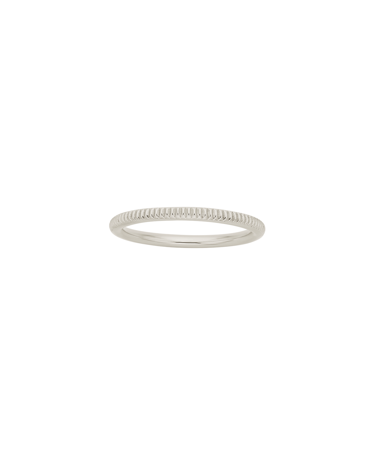 A clearcut of the silver Kenza Stacking Ring with fine engraved lines encircling the band