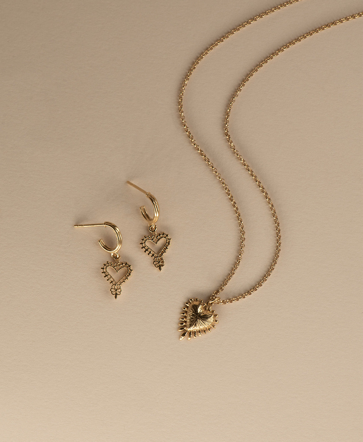 Mini Heart Hoops & Mini Heart Ray Necklace Gift Set - 22k Gold Vermeil