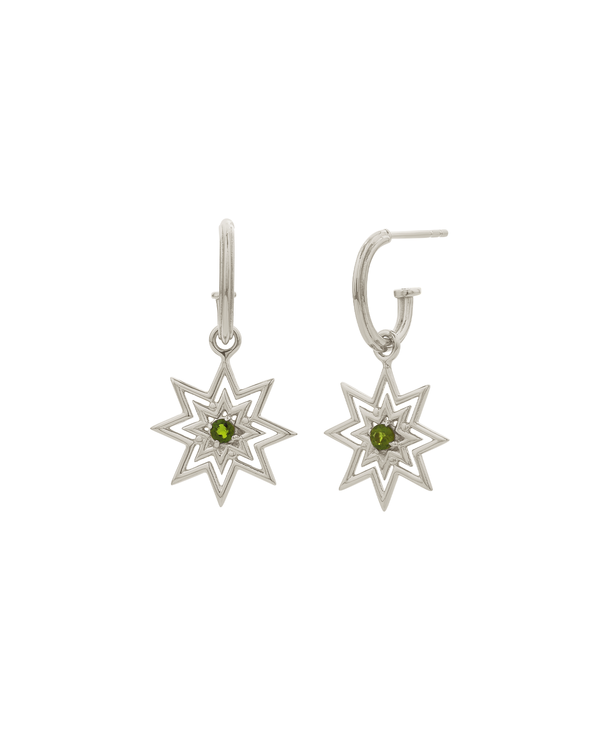 A clear cut of the silver Nora Hoops, featuring an eight pointed star suspended from a hoop.