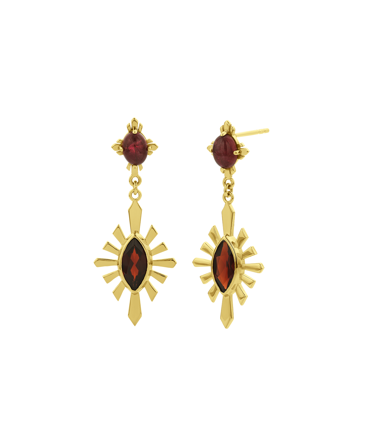 A clearcut of the Sisterhood Earring, featuring a cabochon cut pink Tourmaline is set within a linear border, paired with a marquise cut Garnet with a sunburst frame.