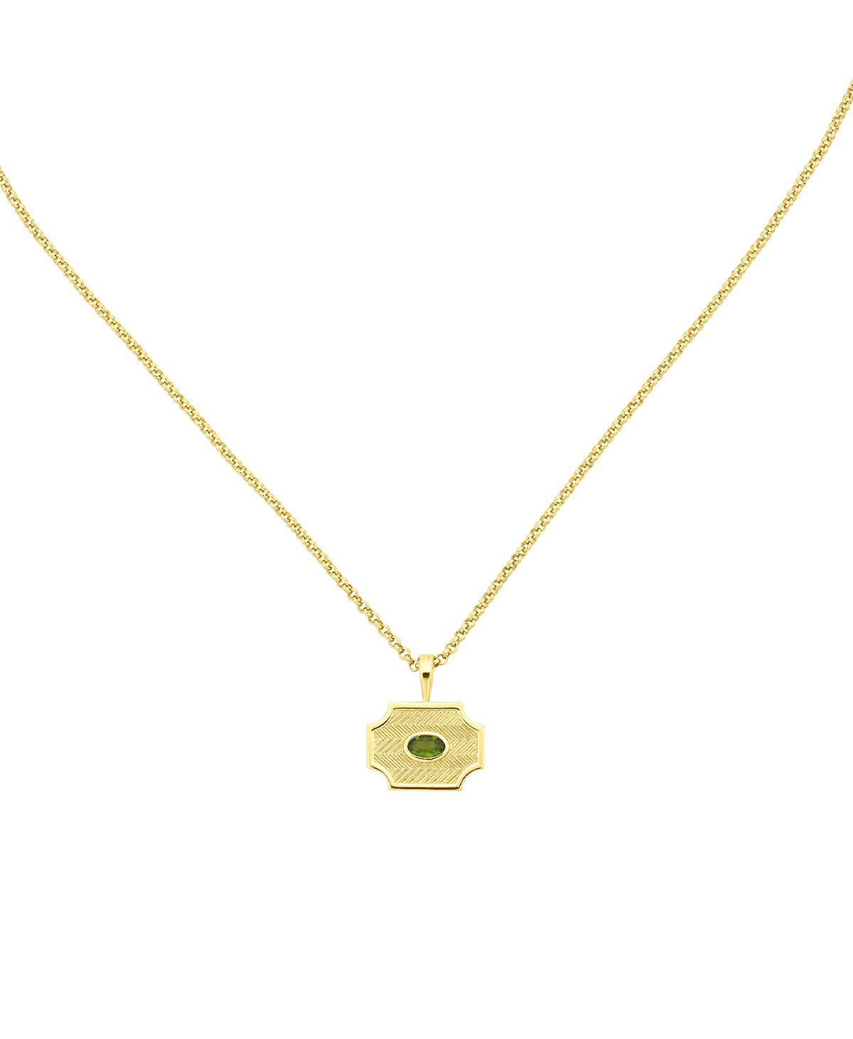 A clearcut of the Soul Sister Necklace, a gold textured pendant with a central green stone, suspended from a fine belcher chain.