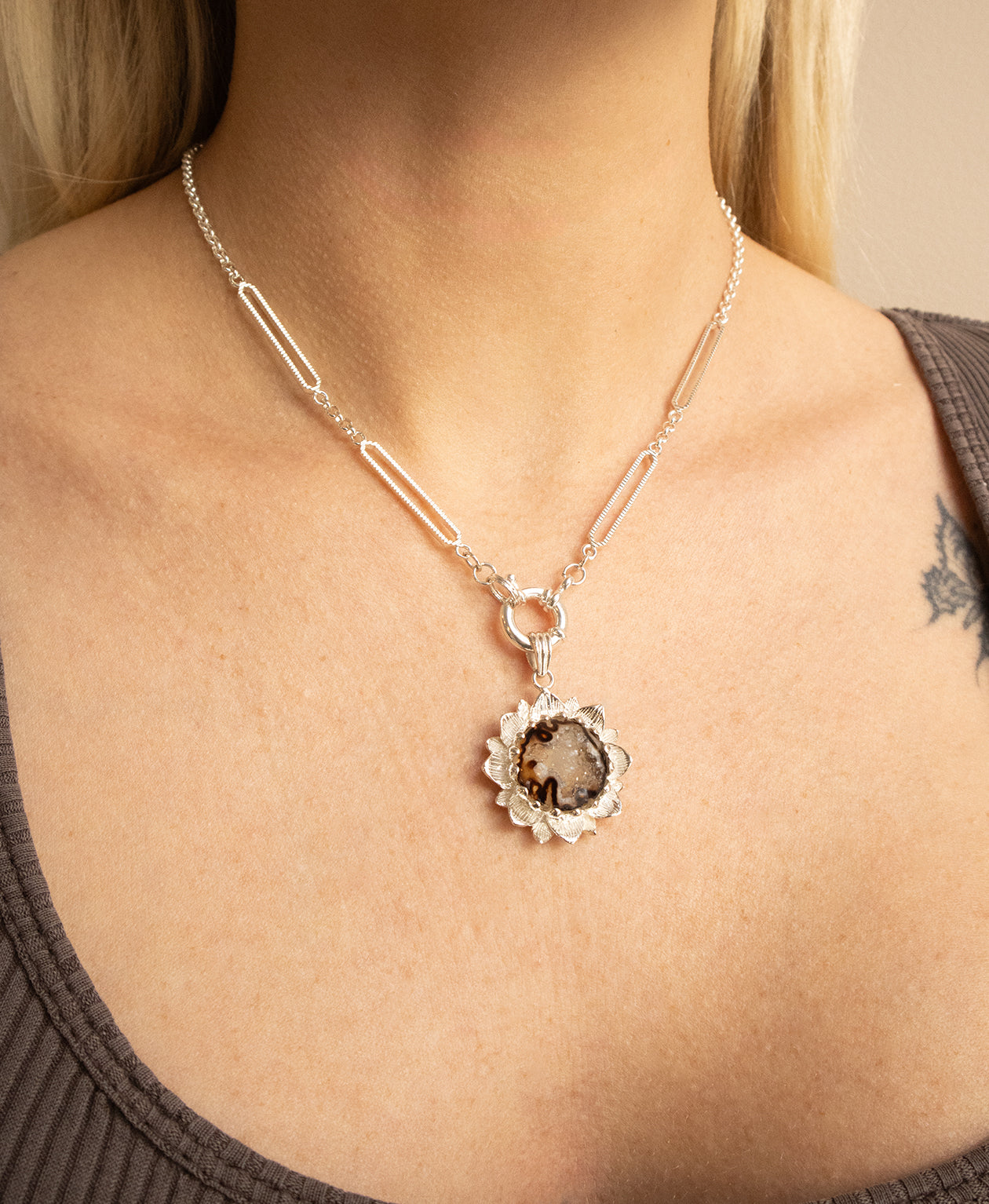 Elise Charm - 925 Sterling Silver, Brown Druzy Agate