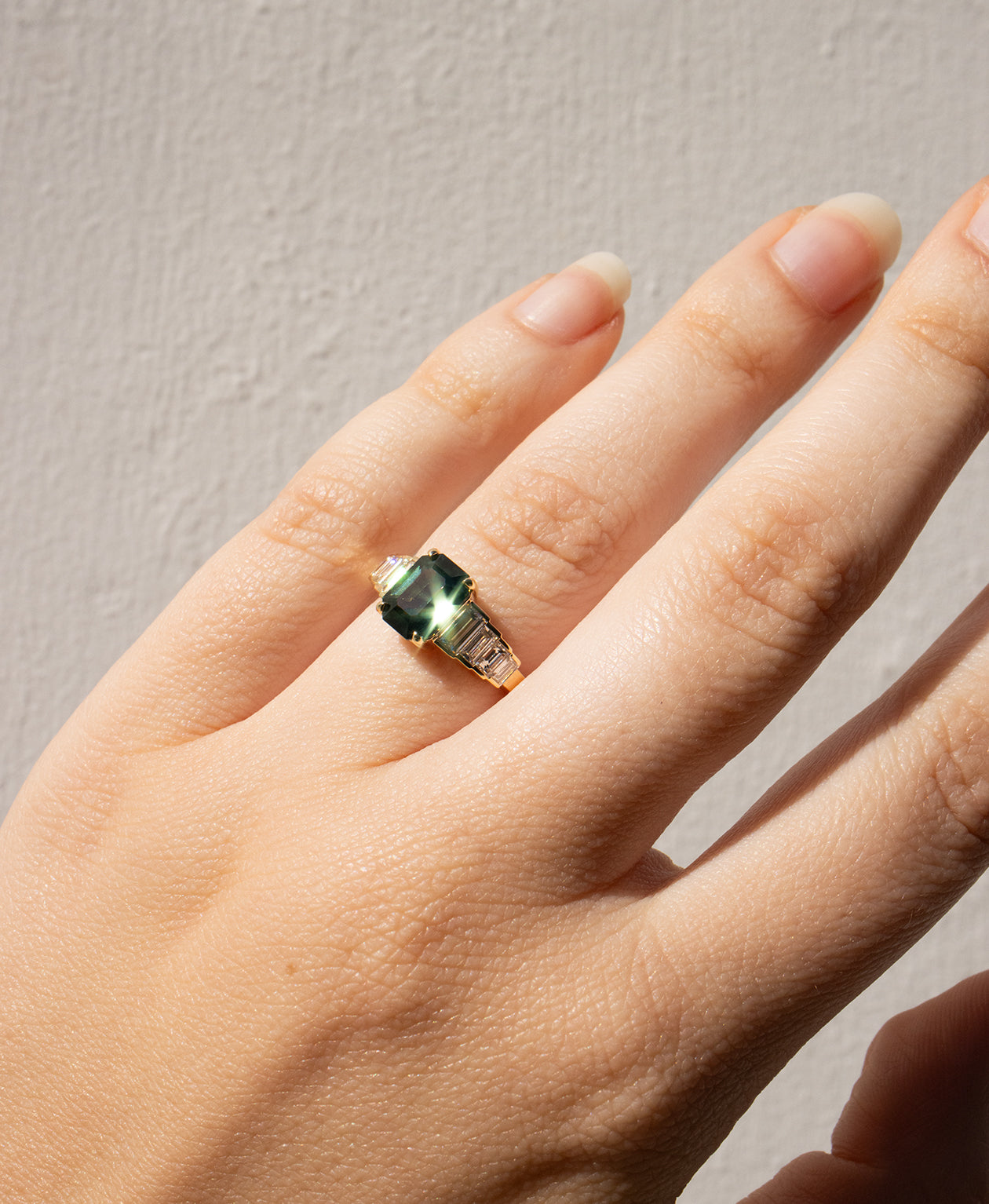 Fides Engagement Ring - 18k Yellow Gold, Octagonal Step Cut Teal Sapphire 1.92 carat