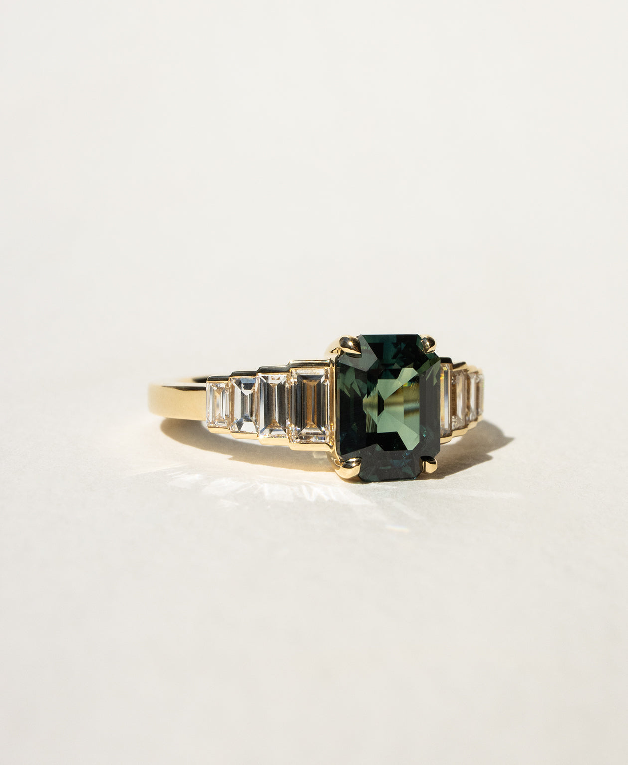 Fides Engagement Ring - 18k Yellow Gold, Octagonal Step Cut Teal Sapphire 1.92 carat
