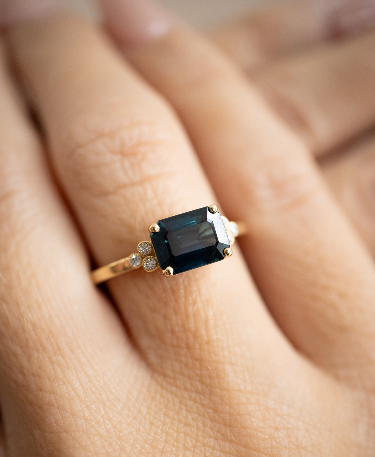 Mon Cheri Engagement Ring - 14k Yellow Gold, Octagonal Step Cut Teal Sapphire 1.56 carat