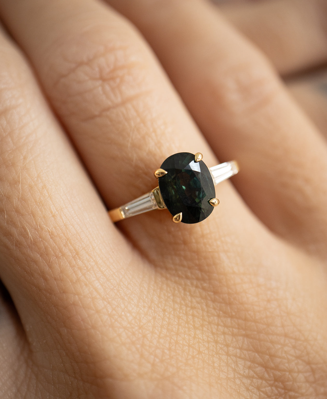 Mira Engagement Ring - 18k Yellow Gold, Oval Cut Teal Sapphire 2.34 carat