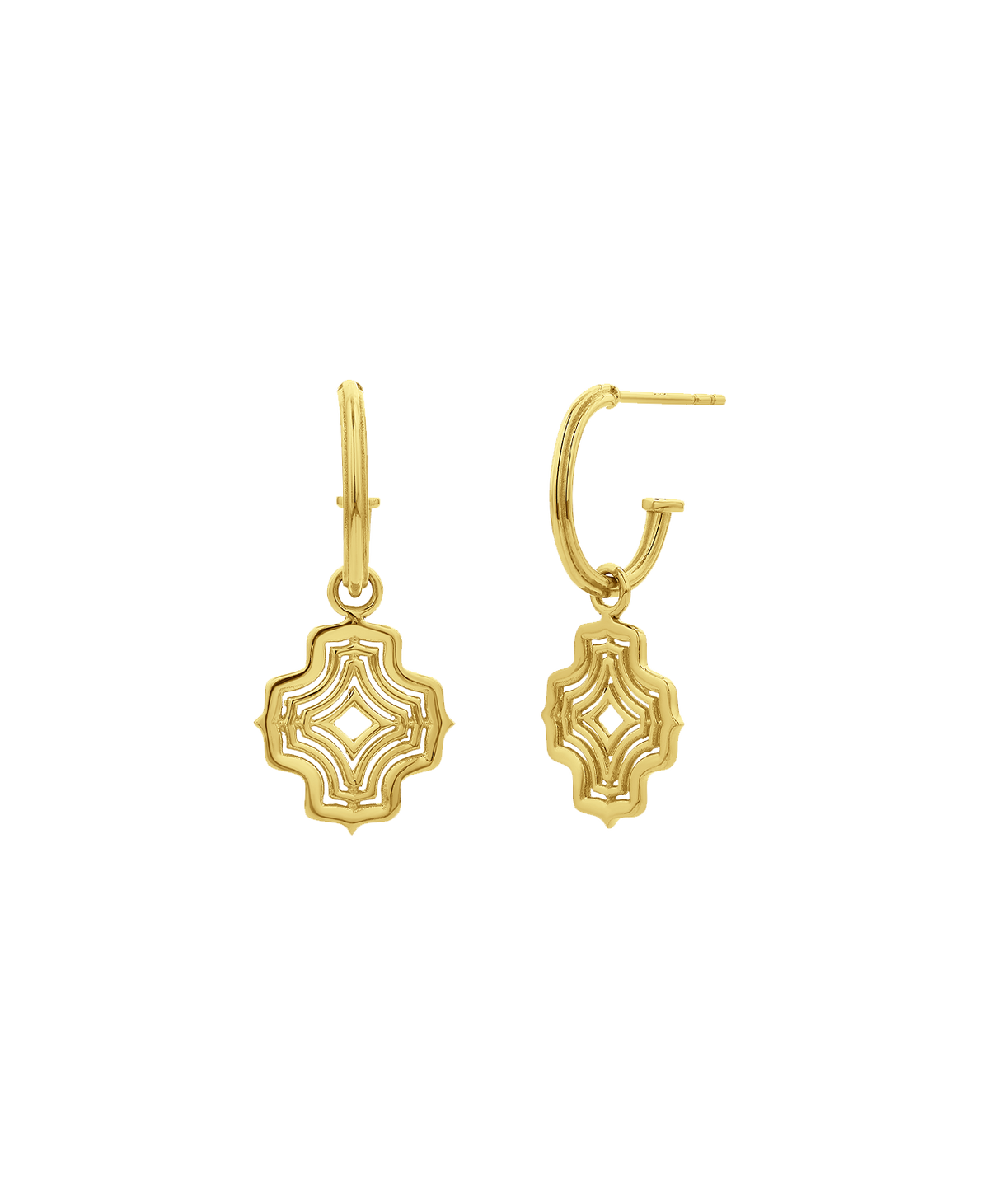 A clear cut of the Alma Hoops, featuring a gold pendant with a concentric wave design, suspended from a hoop.