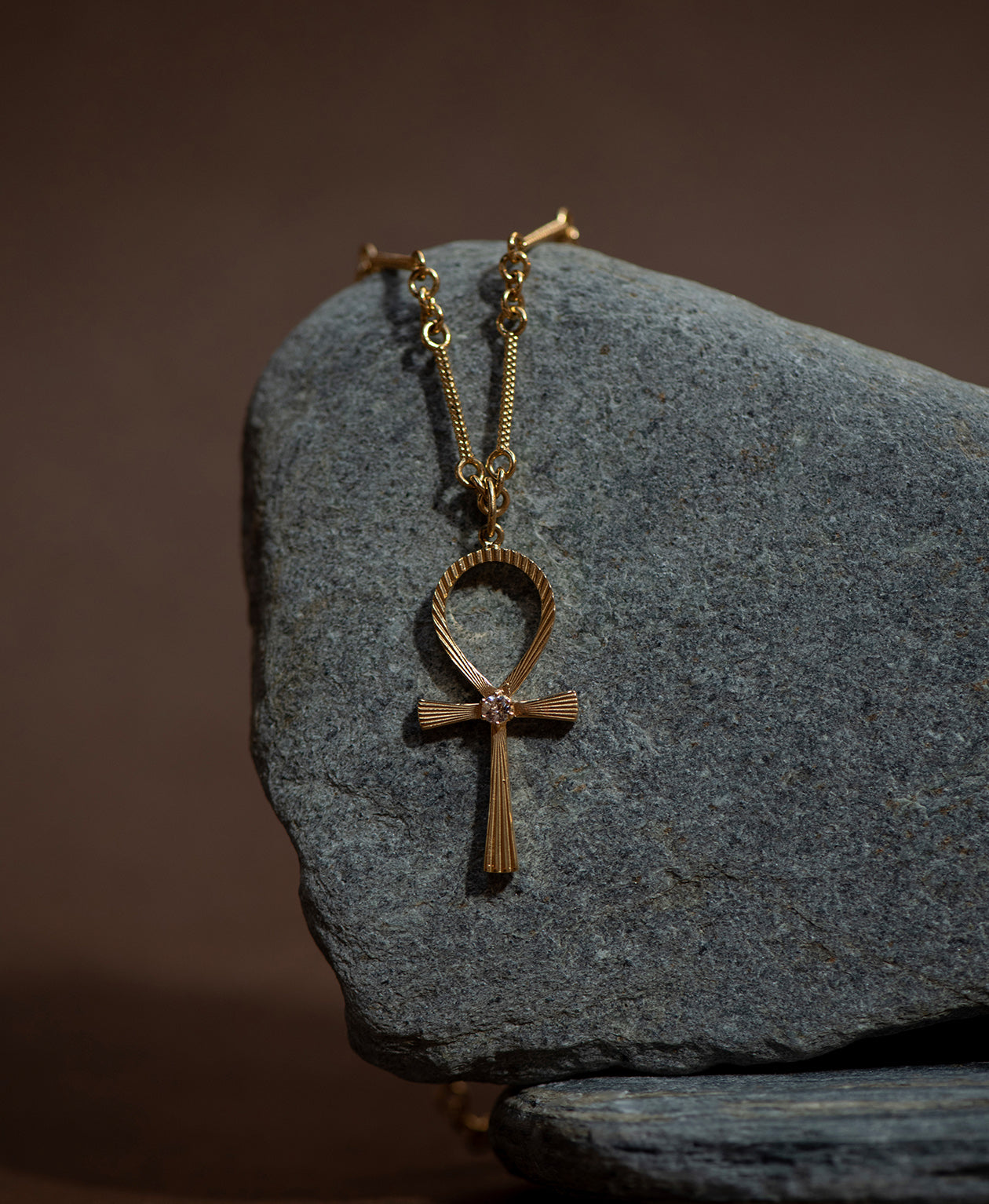 Ankh Necklace - 22k Gold Vermeil, Peach Zircon