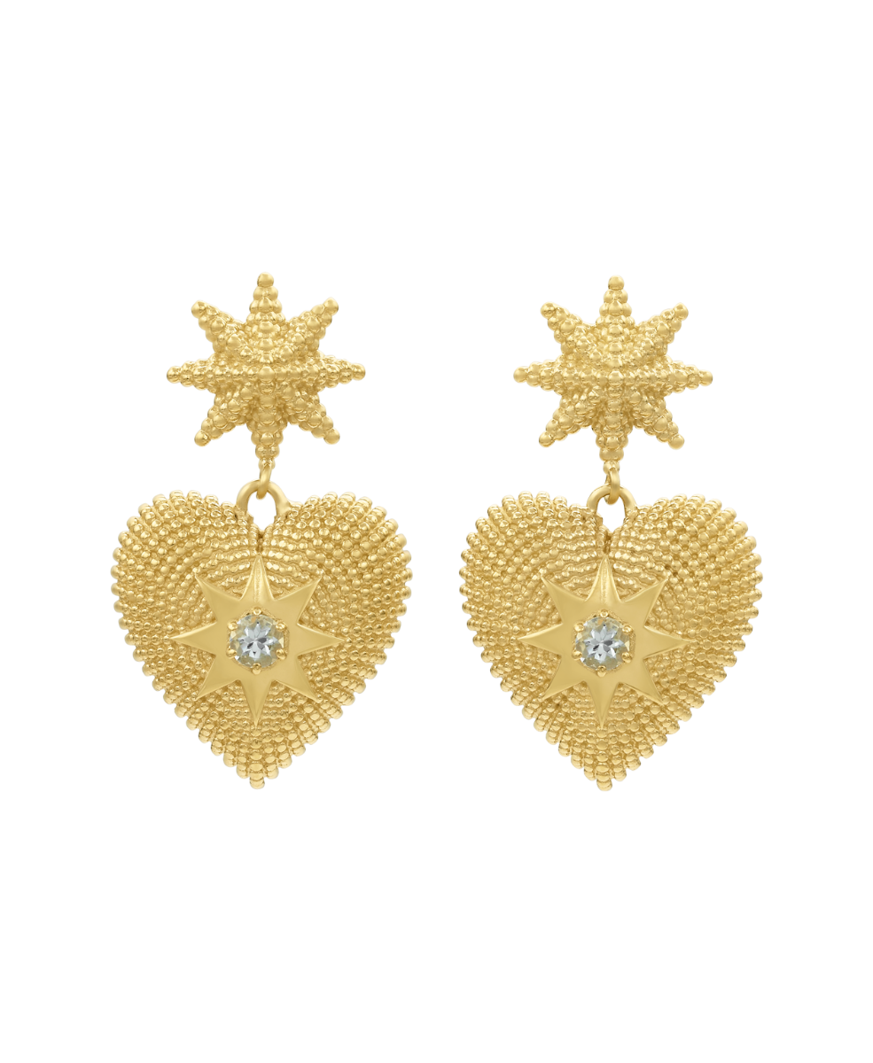 Brave Heart Earrings - 22k Gold Vermeil, Aquamarine