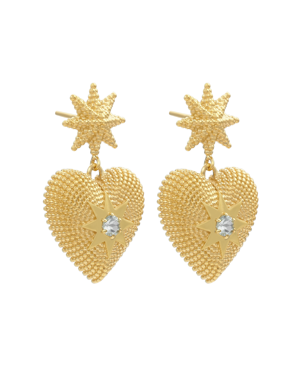 Brave Heart Earrings - 22k Gold Vermeil, Aquamarine