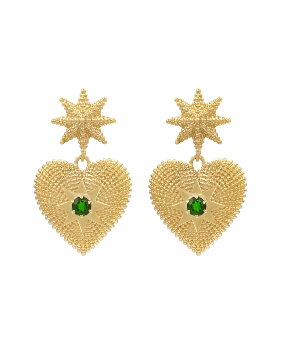 Brave Heart Earrings - 22k Gold Vermeil, Chrome Diopside