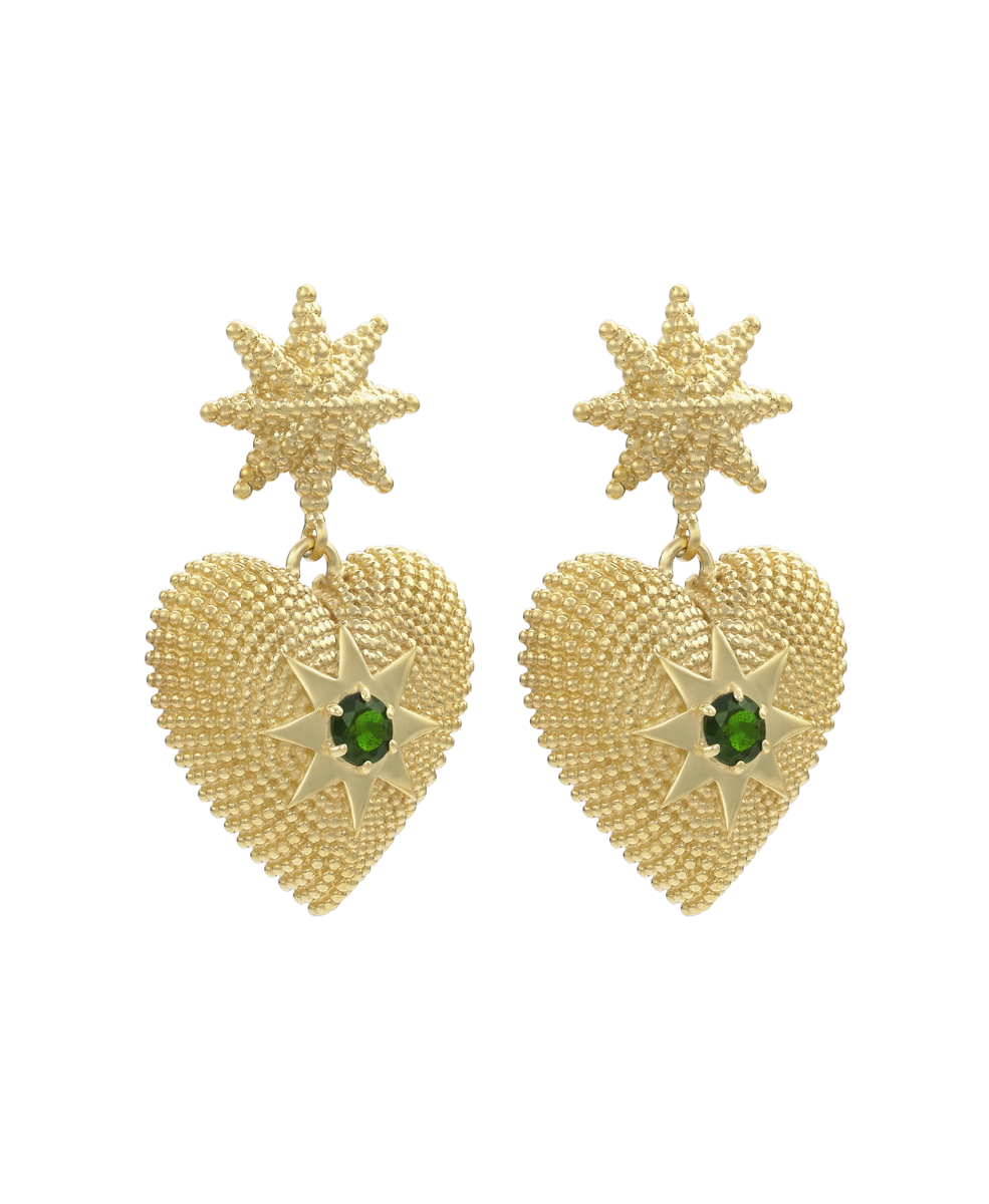 Brave Heart Earrings - 22k Gold Vermeil, Chrome Diopside