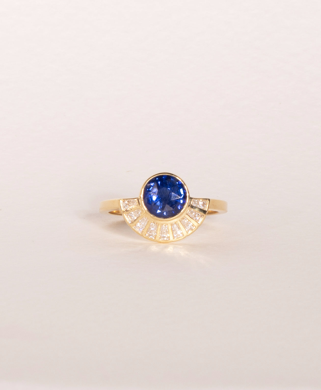 Deco Sun Engagement Ring - 18k Yellow Gold, Round Mixed Cut Blue Sapphire 1.31 carat