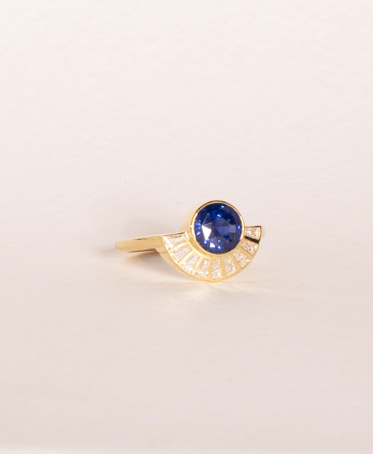 Deco Sun Engagement Ring - 18k Yellow Gold, Round Mixed Cut Blue Sapphire 1.31 carat