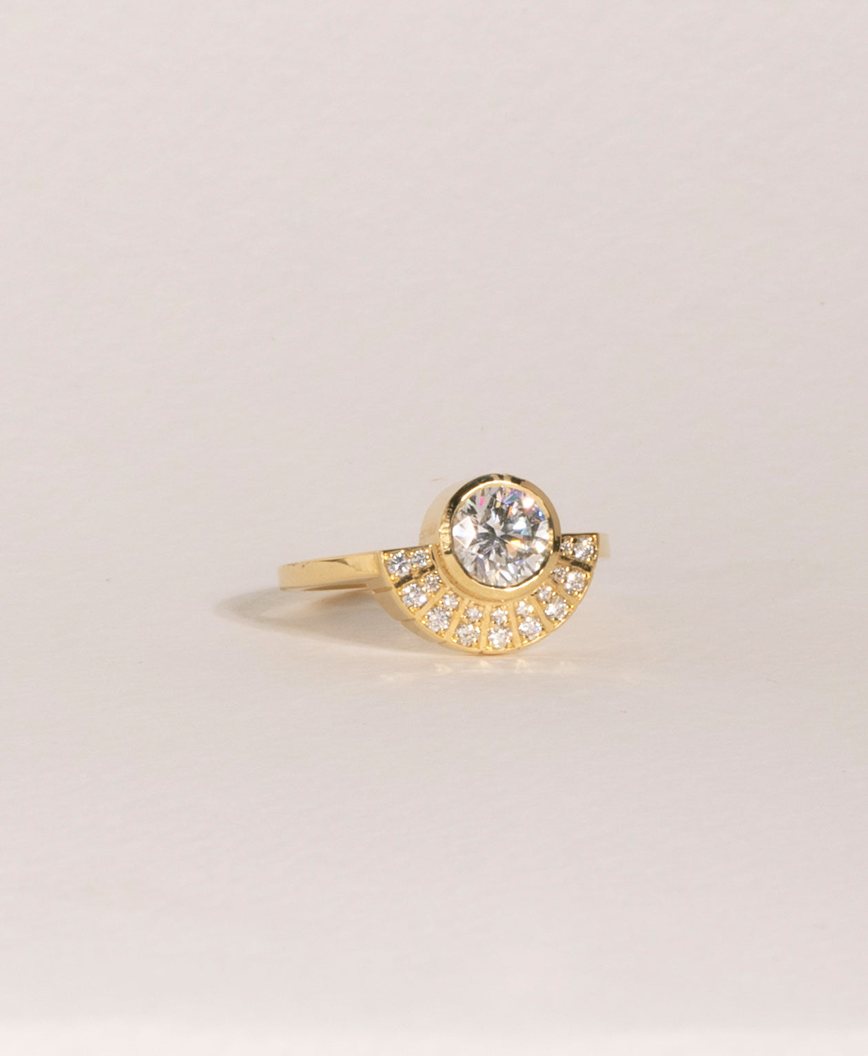 Deco Sun Engagement Ring - 18k Yellow Gold, Round Brilliant Cut Lab Grown Diamond 1.0 carat