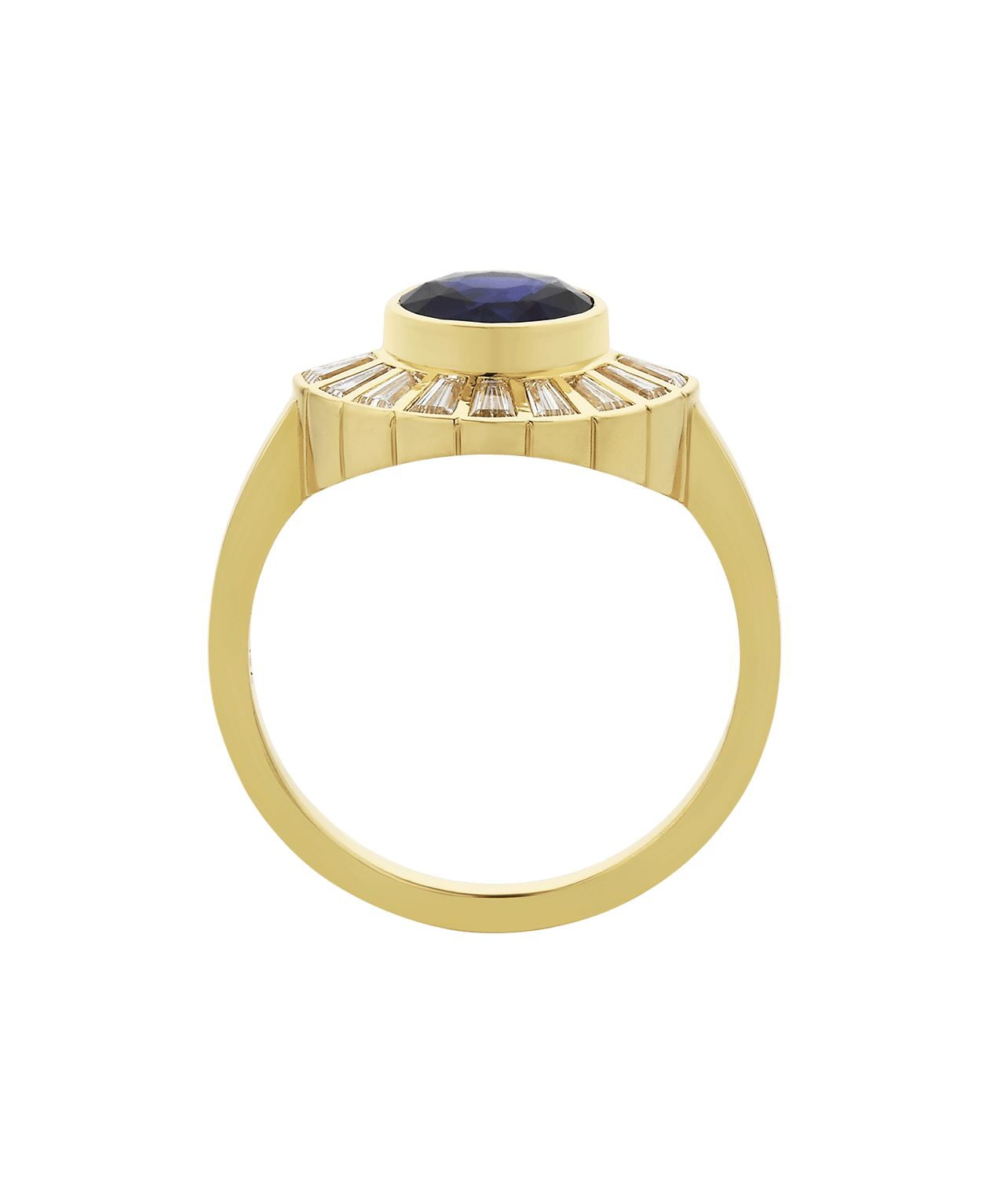 Deco Sun Engagement Ring - 18k Yellow Gold, Round Mixed Cut Blue Sapphire 1.31 carat