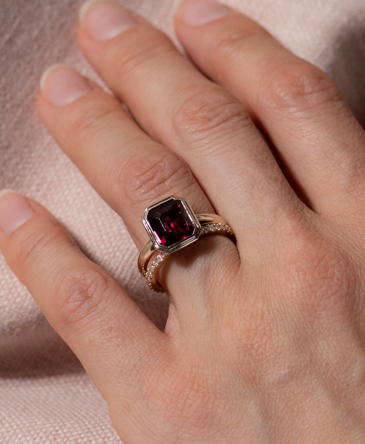 Delphine Engagement Ring - 9k Yellow Gold, Cushion Cut Garnet 3.99 carat