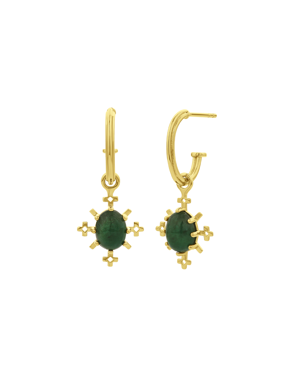 A clearcut of the Farah Hoop, featuring a gold pendant with an emerald in a geometric border hanging on a hoop.
