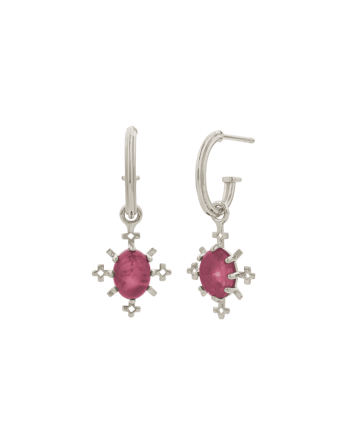 A clear cut of the Farah Hoop, featuring a silver pendant with a pink tourmaline in a geometric border hanging on a hoop.
