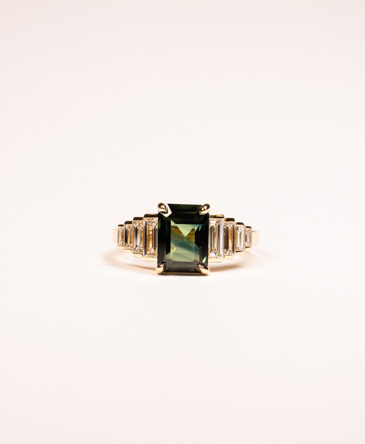 Fides Engagement Ring - 18k Yellow Gold, Octagonal Step Cut Teal Sapphire 2.56 carat