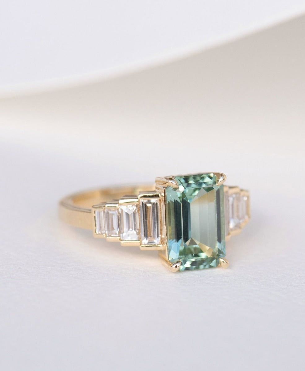 Fides Engagement Ring - 18k Yellow Gold, Emerald Cut Green Tourmaline 2.25 carat