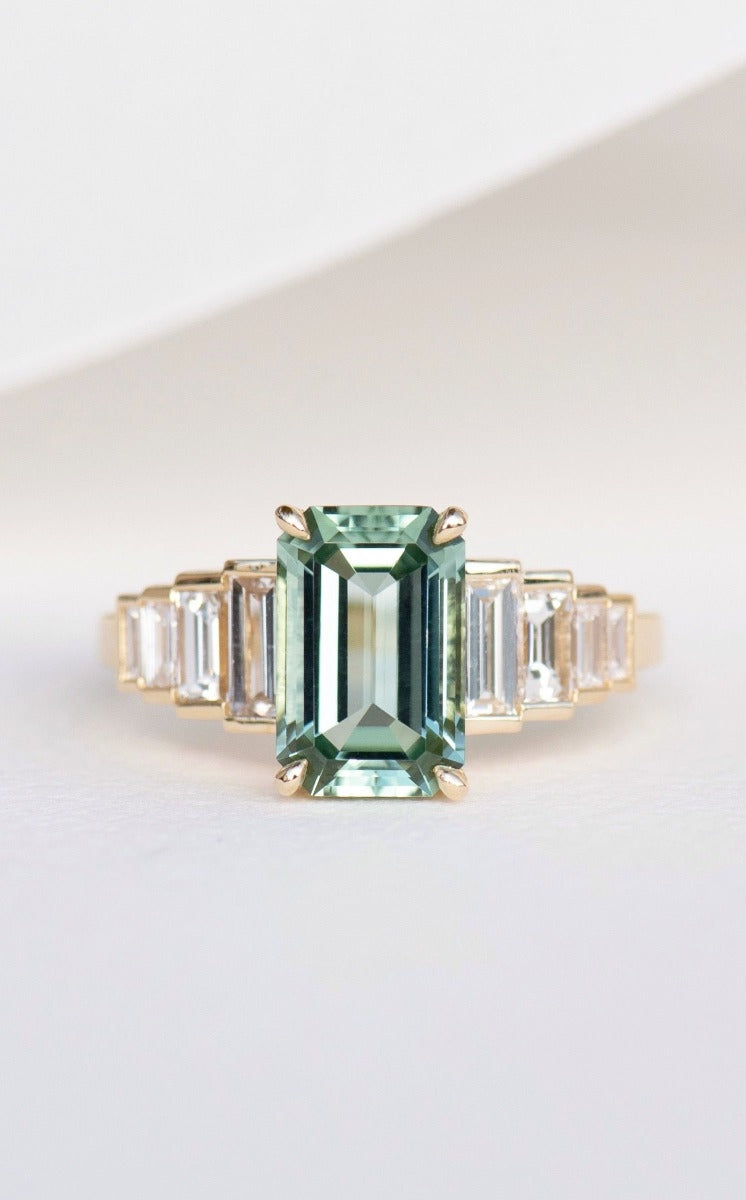 Fides Engagement Ring - 18k Yellow Gold, Emerald Cut Green Tourmaline 2.25 carat