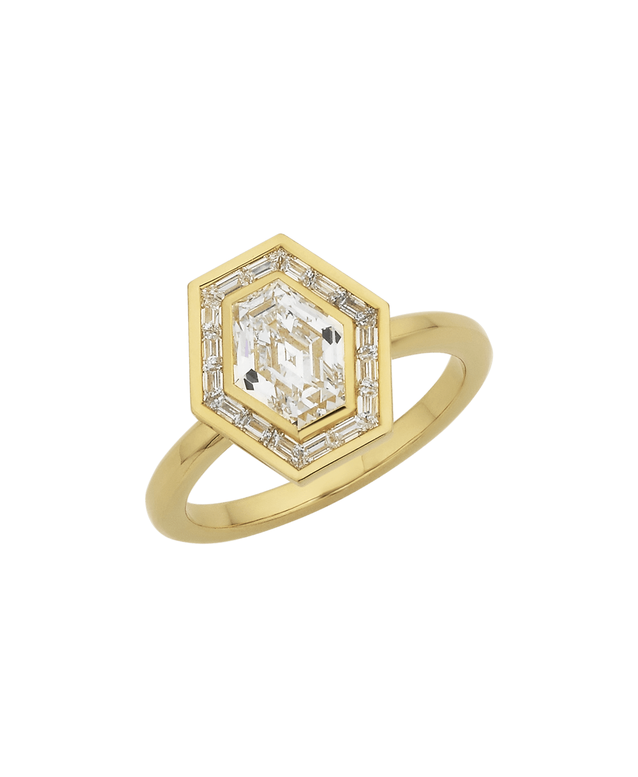 Frida Halo Engagement Ring - 18k Yellow Gold, Elongated Hexagonal Step Cut Lab Grown Diamond 1.32 carat