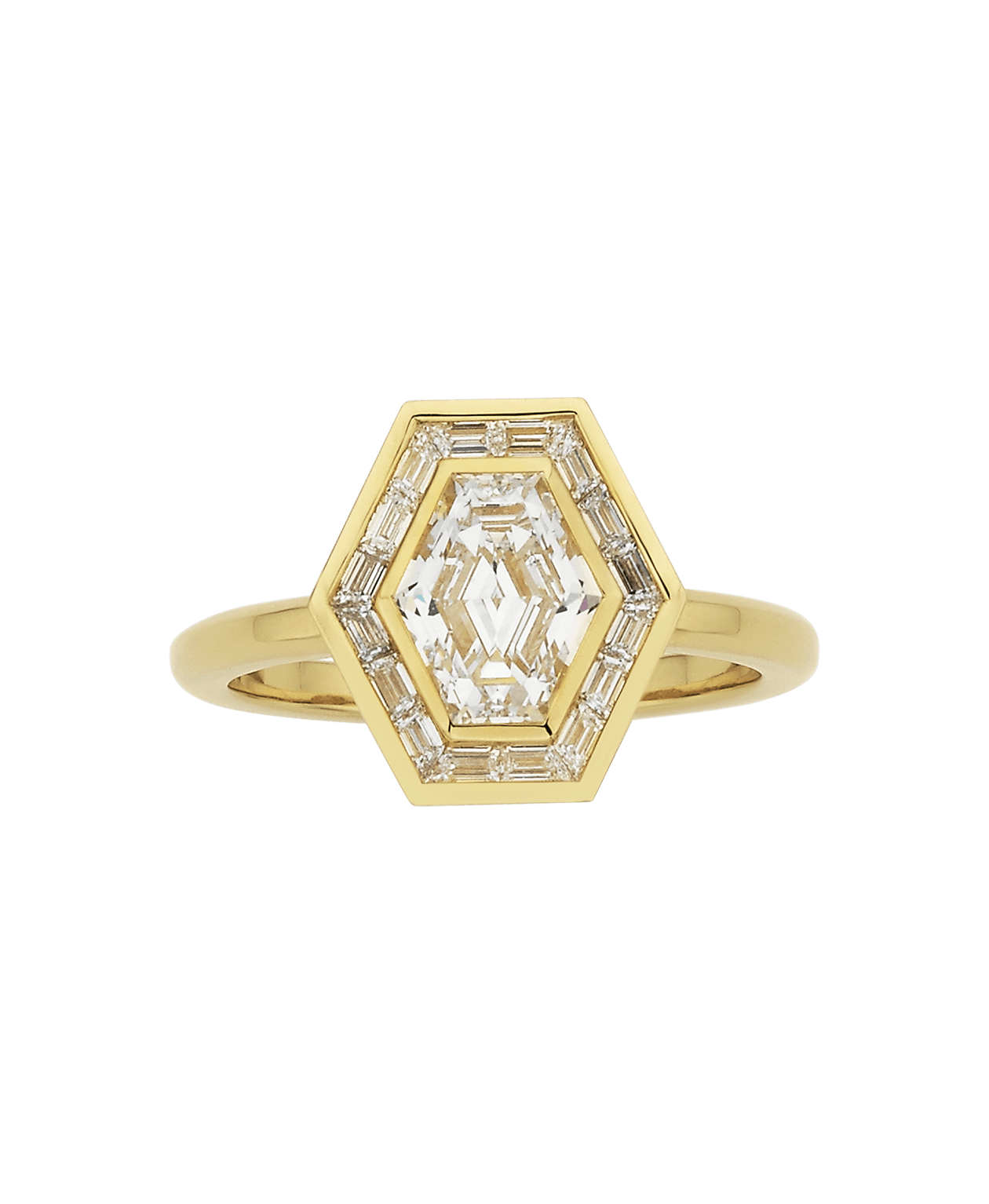 Frida Halo Engagement Ring - 18k Yellow Gold, Elongated Hexagonal Step Cut Lab Grown Diamond 1.32 carat