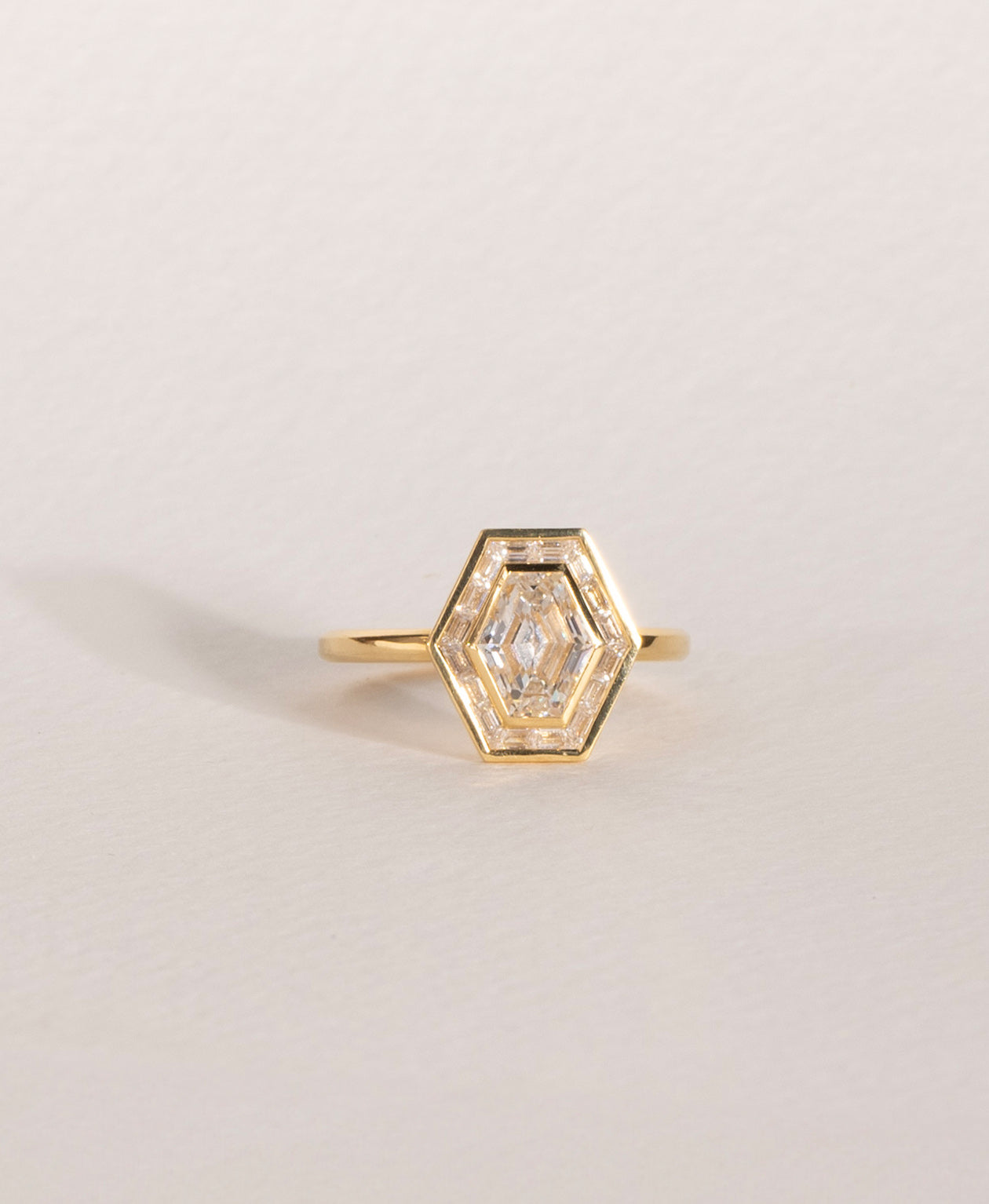 Frida Halo Engagement Ring - 18k Yellow Gold, Elongated Hexagonal Step Cut Lab Grown Diamond 1.32 carat