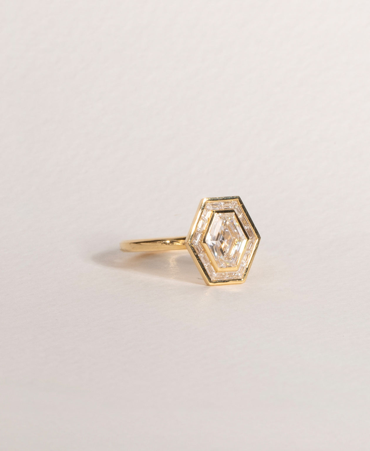 Frida Halo Engagement Ring - 18k Yellow Gold, Elongated Hexagonal Step Cut Lab Grown Diamond 1.32 carat