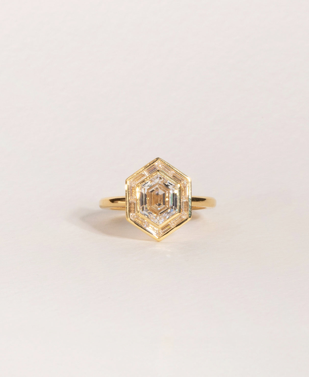 Frida Halo Engagement Ring - 18k Yellow Gold, Elongated Hexagonal Step Cut Lab Grown Diamond 1.85 carat