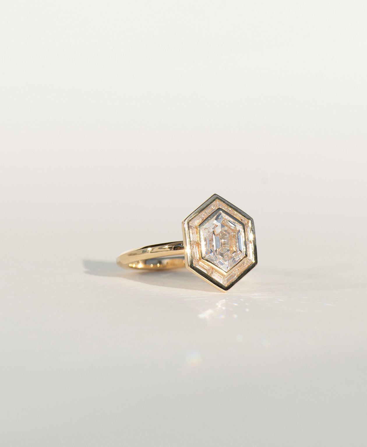 Frida Halo Engagement Ring - 18k Yellow Gold, Elongated Hexagonal Step Cut Lab Grown Diamond 1.85 carat