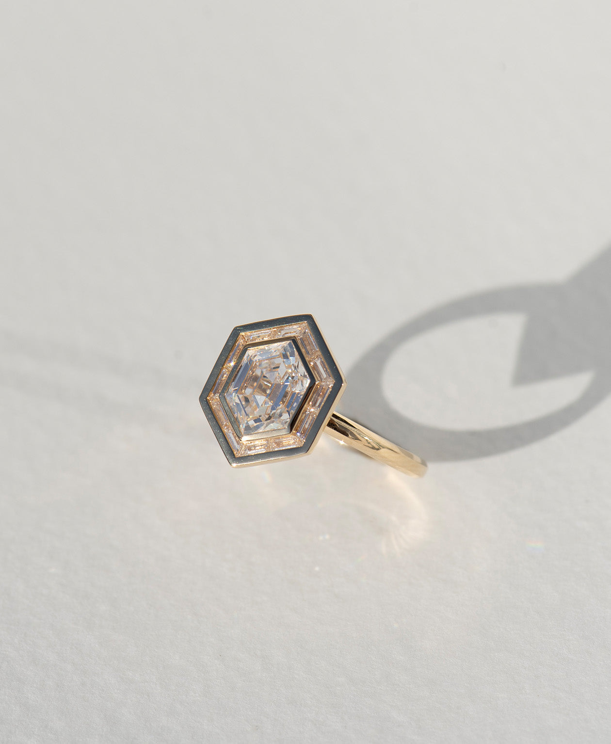 Frida Halo Engagement Ring - 18k Yellow Gold, Elongated Hexagonal Step Cut Lab Grown Diamond 1.85 carat