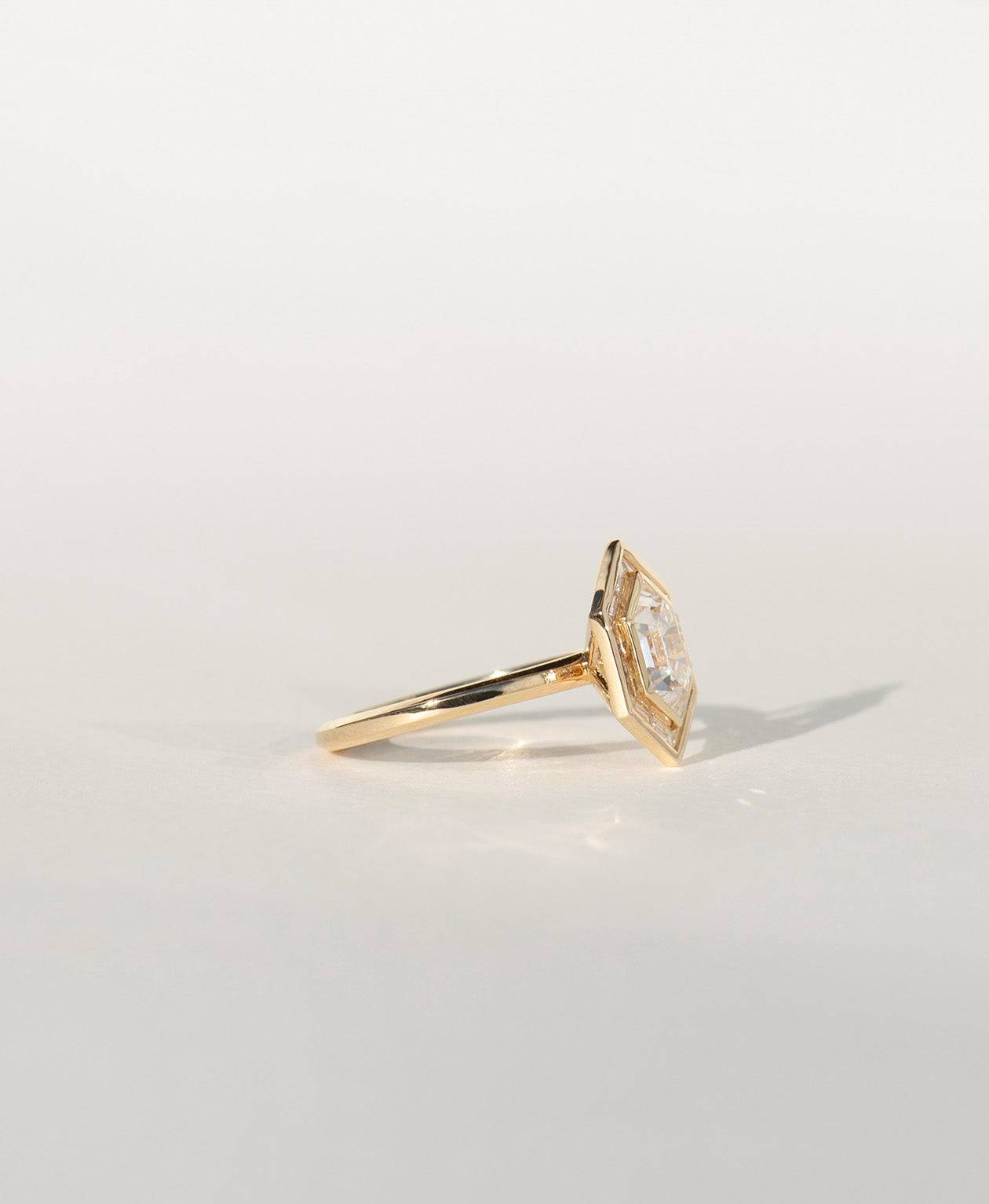 Frida Halo Engagement Ring - 18k Yellow Gold, Elongated Hexagonal Step Cut Lab Grown Diamond 1.85 carat