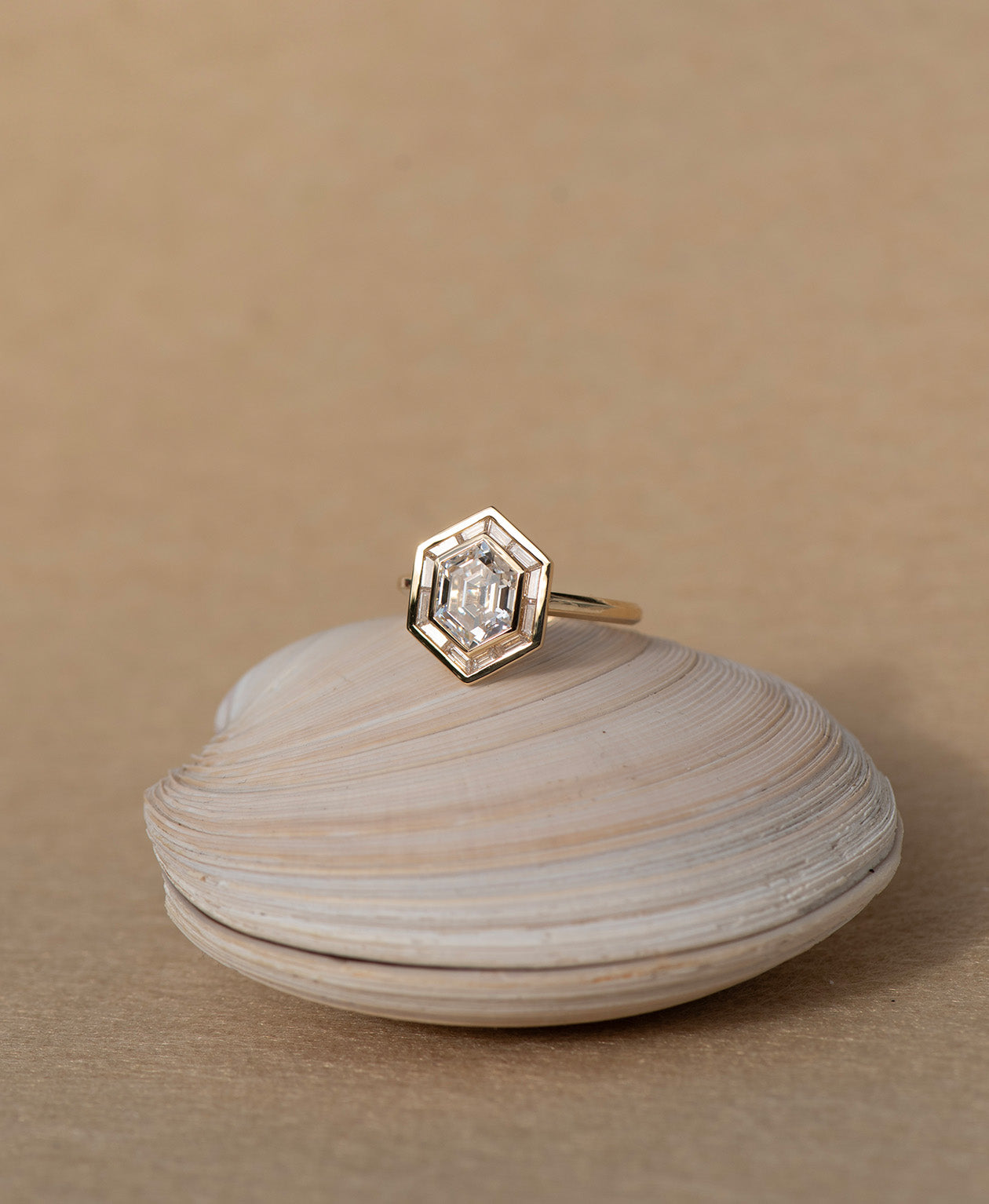 Frida Halo Engagement Ring - 18k Yellow Gold, Elongated Hexagonal Step Cut Lab Grown Diamond 1.85 carat