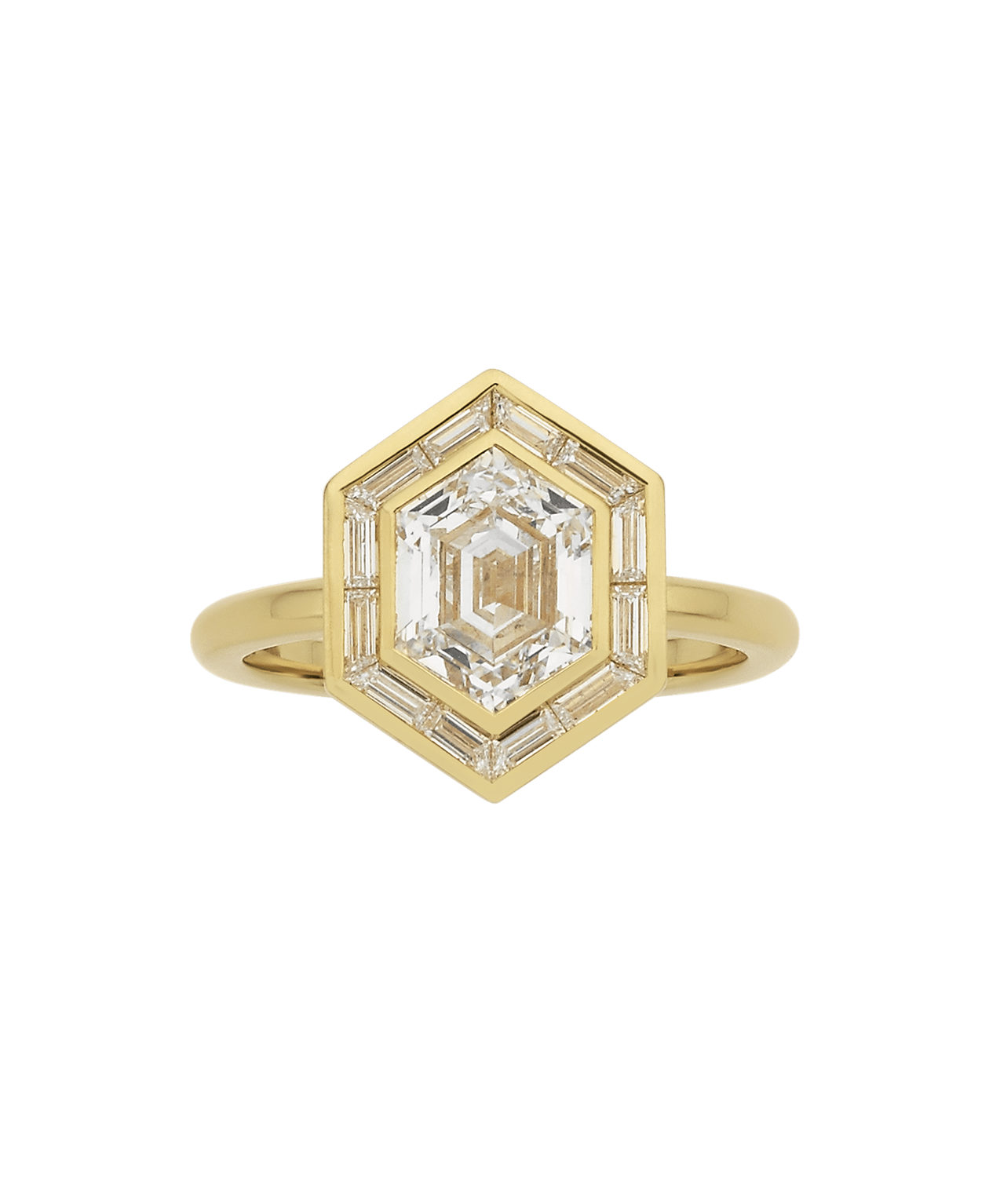 Frida Halo Engagement Ring - 18k Yellow Gold, Elongated Hexagonal Step Cut Lab Grown Diamond 1.85 carat