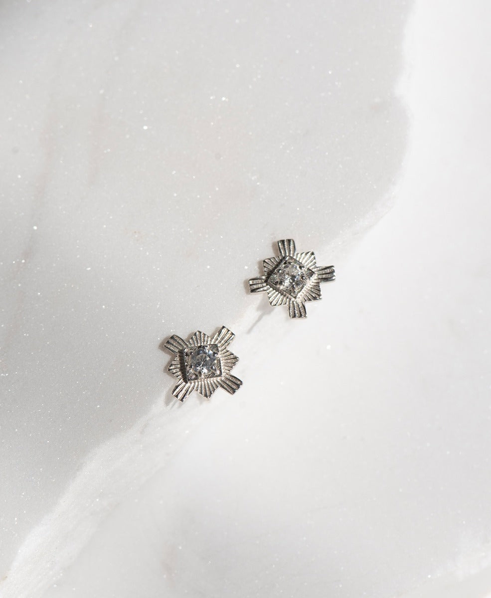 Inka Studs - 925 Sterling Silver, White Zircon