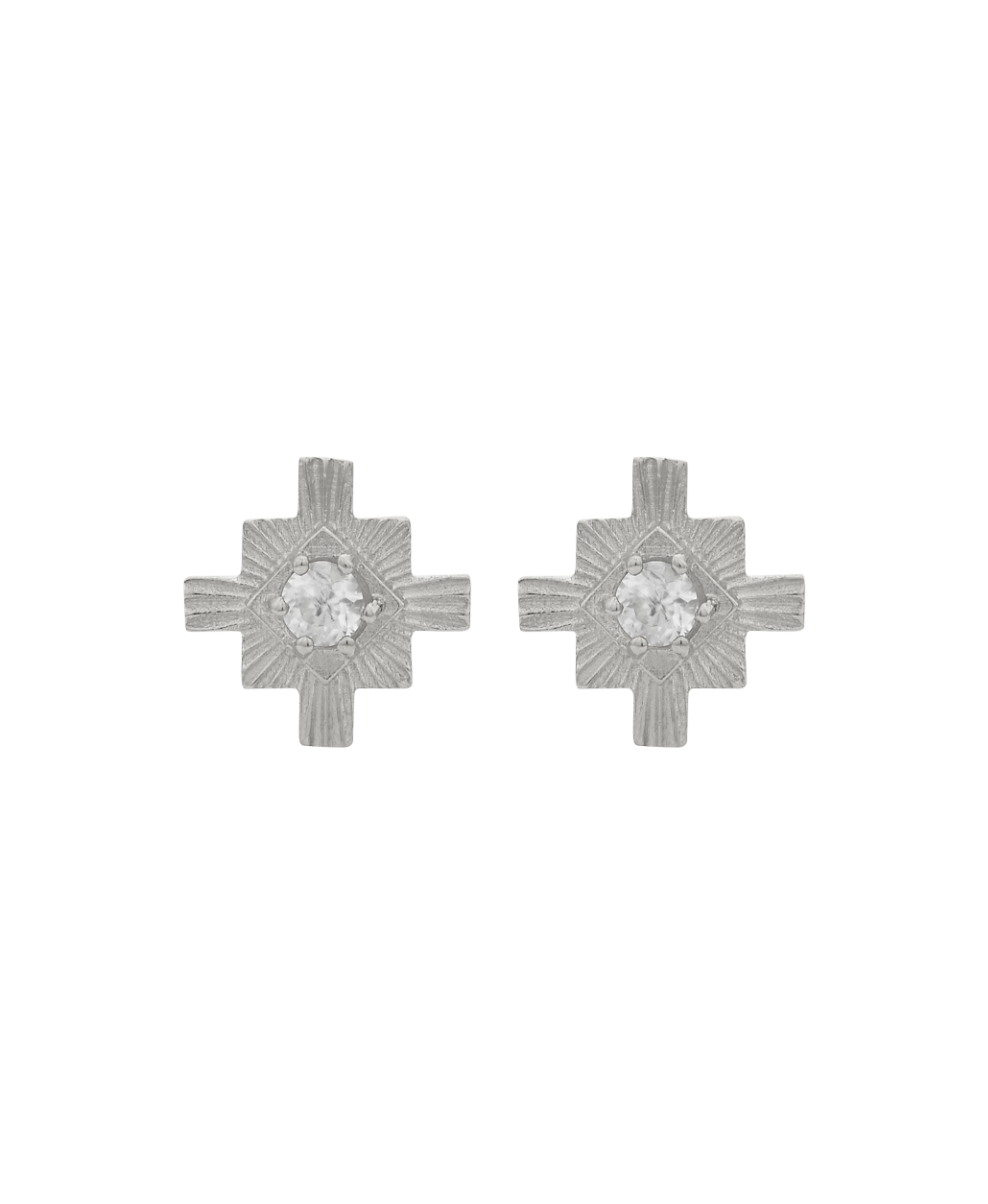 Inka Studs - 925 Sterling Silver, White Zircon